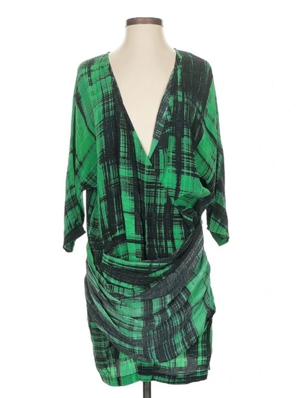 Thakoon Silk Plaid Wrap Dress Sz 0 Green Black Draped Designer